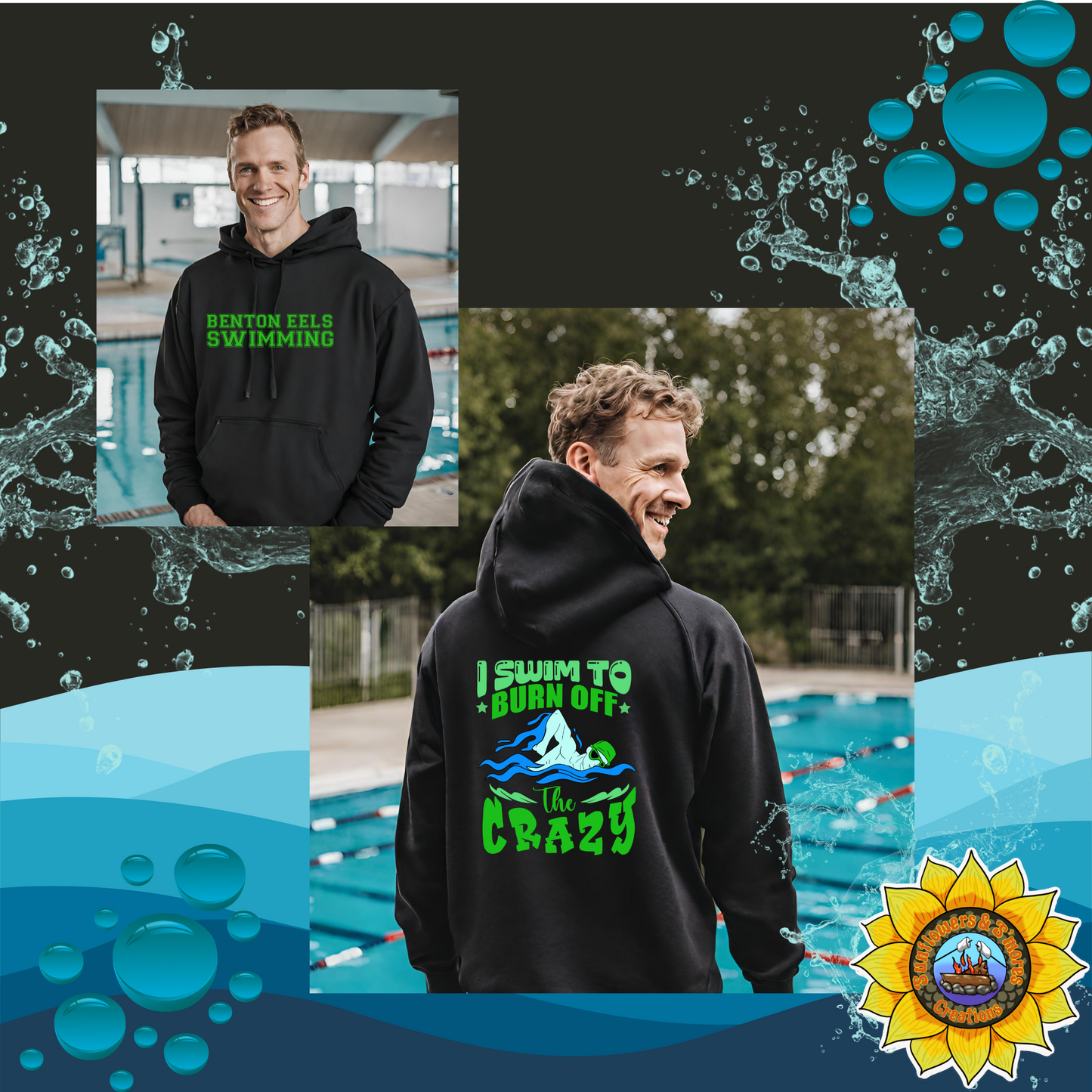 BENTON EELS -I SWIM TO BURN OFF THE CRAZY - ADULT HOODIE